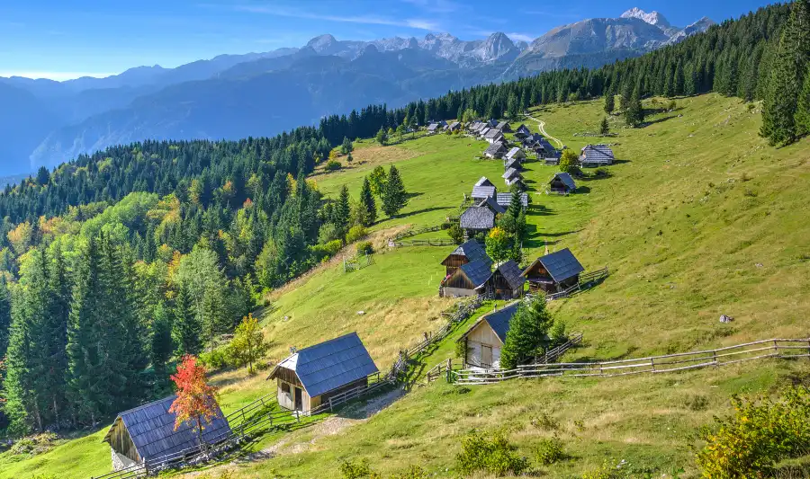 Planina Zajamniki mountain plateau in Slovenia, near the village of Goreljek. Famous for its traditional wooden house, forests and stunning views. Easy reachable from Lake Bled, Slovenia.